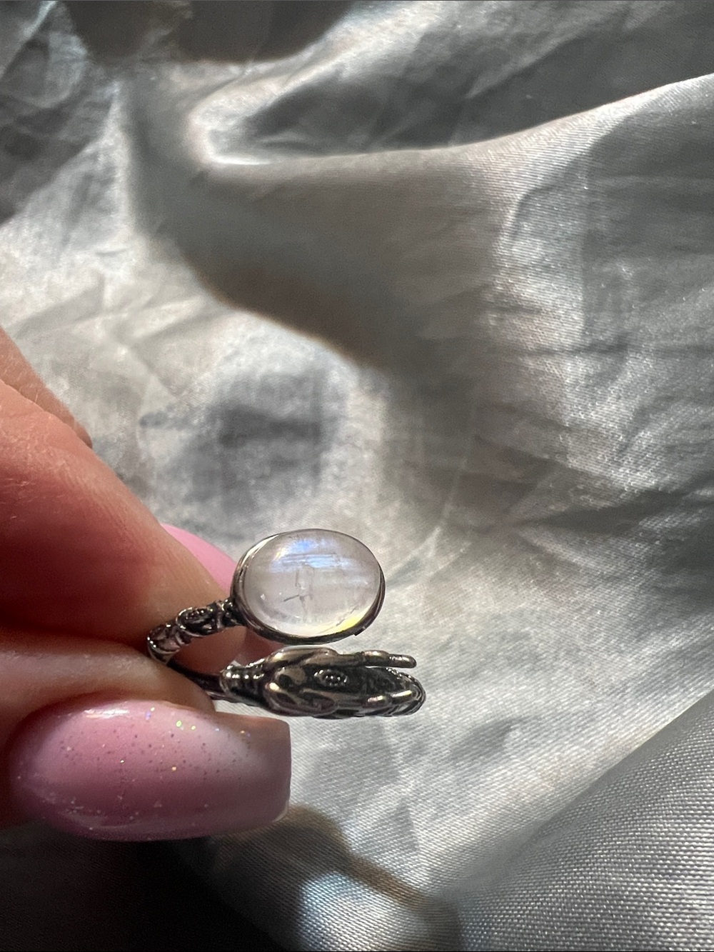 Adjustable Moonstone Cabochon Silver Dragon Ring - Women's Jewelry